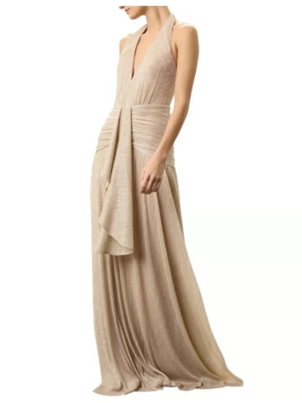 PatBO Draped Lurex Halter Maxi Dress Champagne Gold Metallic Gown Size 4